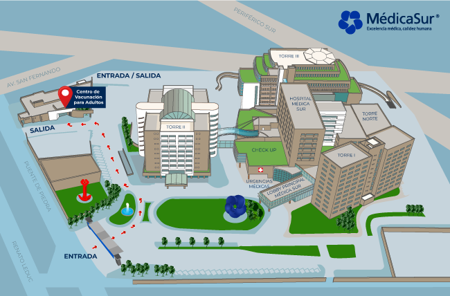 Centro de vacunaci�n en entrada al hospital M�dica Sur por Av. San Fernando